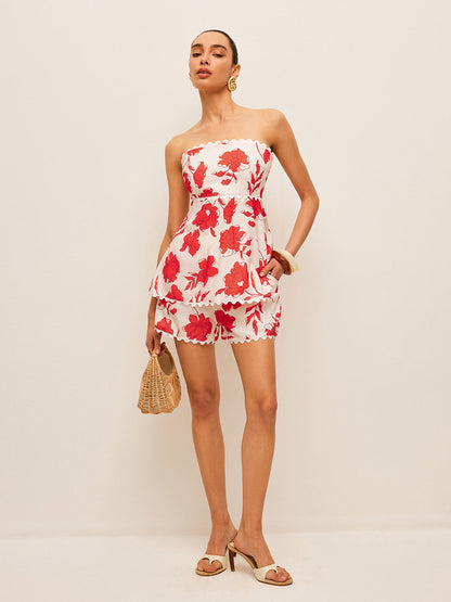 Floral Strapless Top With Pockets Shorts Set - Chic Rio