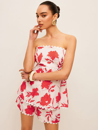 Floral Strapless Top With Pockets Shorts Set - Chic Rio