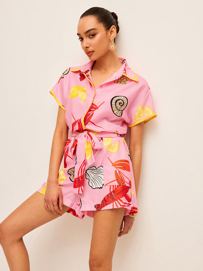 Fruit & Shell Print Tie-Waist Jumpsuit - Chic Rio