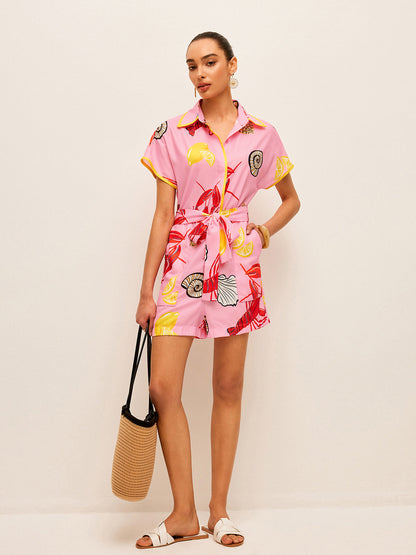 Fruit & Shell Print Tie-Waist Jumpsuit - Chic Rio