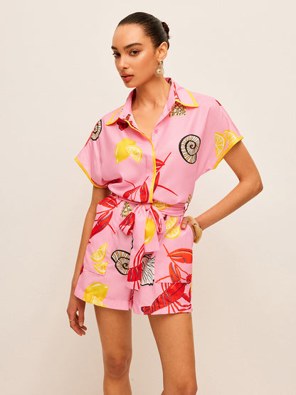 Fruit & Shell Print Tie-Waist Jumpsuit - Chic Rio