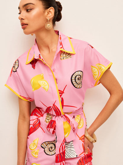 Fruit & Shell Print Tie-Waist Jumpsuit - Chic Rio