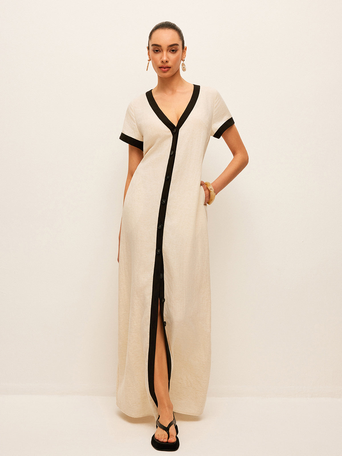 Cotton & Linen High-Slit Contrast Trim Dress - Chic Rio