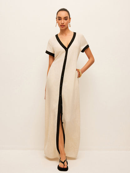 Cotton & Linen High-Slit Contrast Trim Dress - Chic Rio