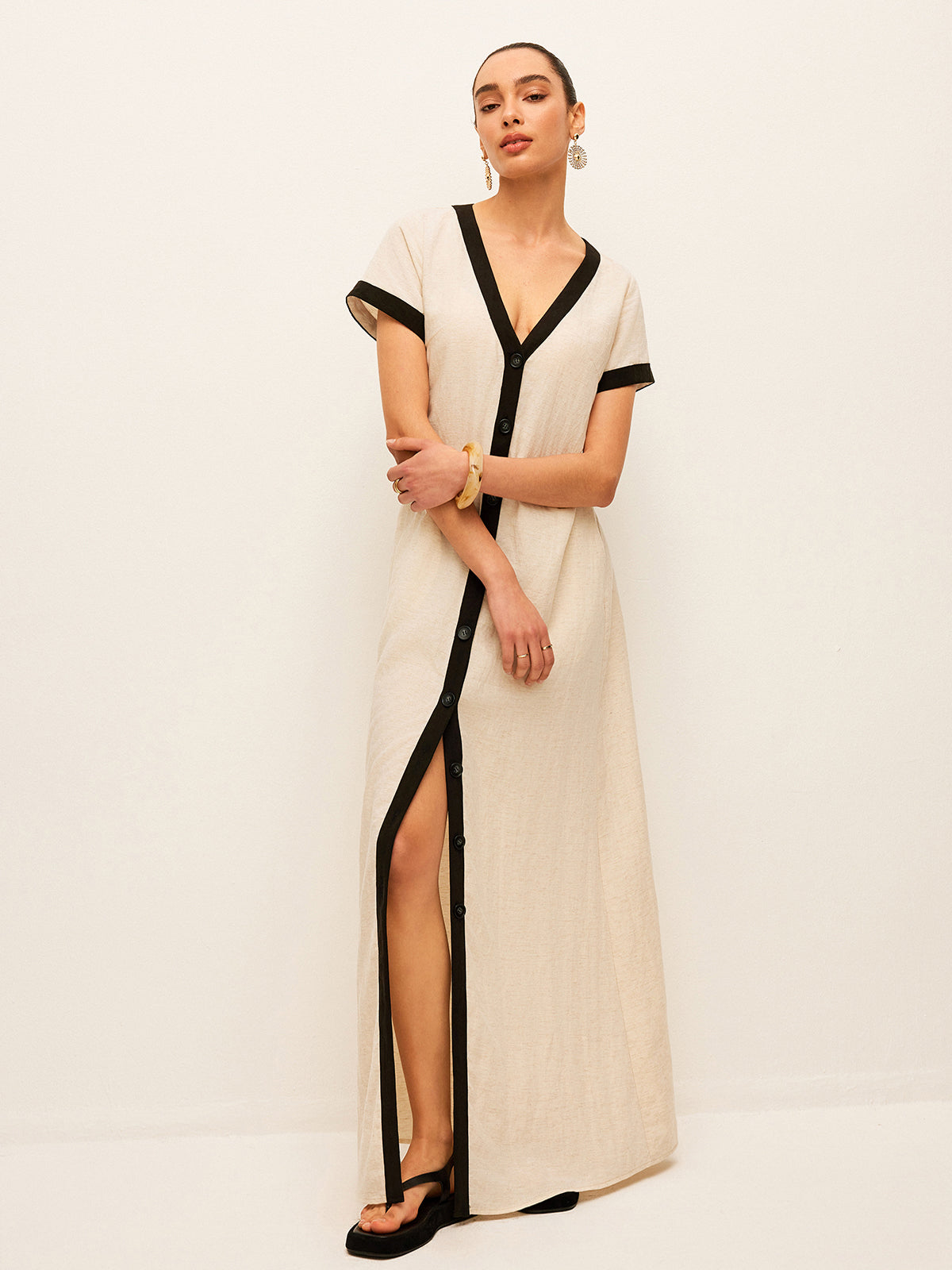 Cotton & Linen High-Slit Contrast Trim Dress - Chic Rio