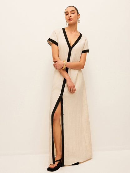 Cotton & Linen High-Slit Contrast Trim Dress - Chic Rio