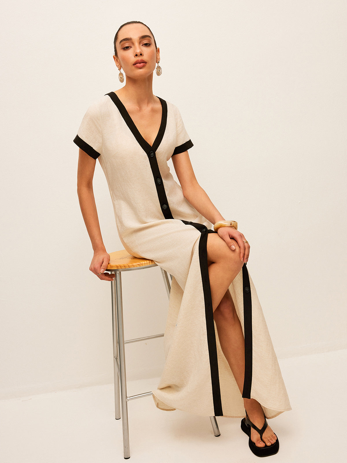 Cotton & Linen High-Slit Contrast Trim Dress - Chic Rio