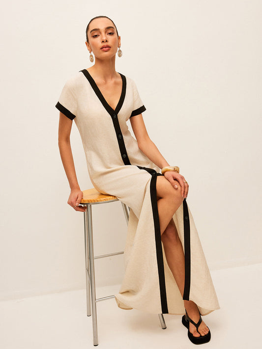 Cotton & Linen High-Slit Contrast Trim Dress - Chic Rio
