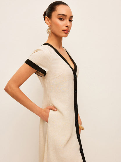 Cotton & Linen High-Slit Contrast Trim Dress - Chic Rio