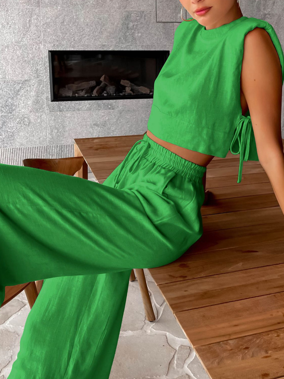 Utility Linen Two Piece Wide Leg Pants Set - Chic Rio