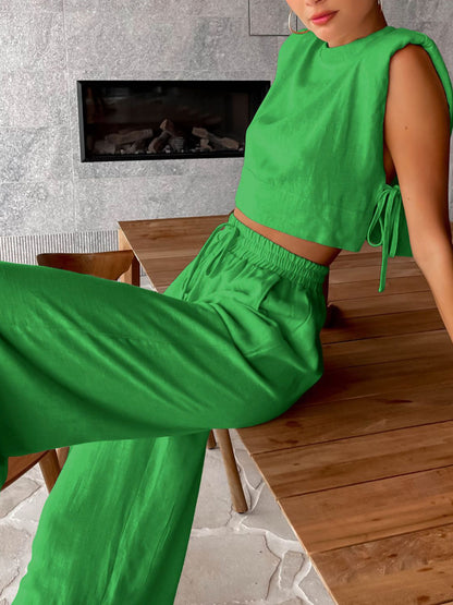 Utility Linen Two Piece Wide Leg Pants Set - Chic Rio