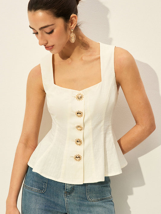 Square Neck Button-Front Peplum Top - Chic Rio