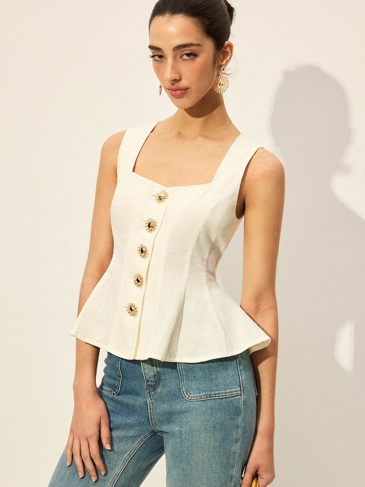 Square Neck Button-Front Peplum Top - Chic Rio