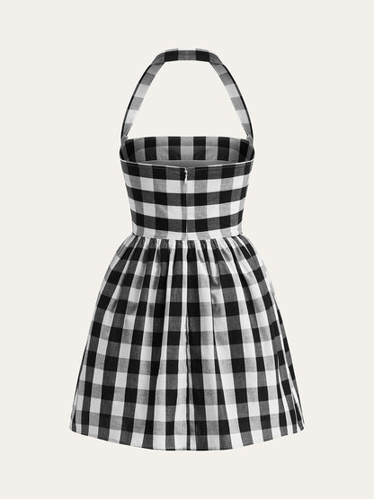 Plaid Halter Flare Dress - Chic Rio