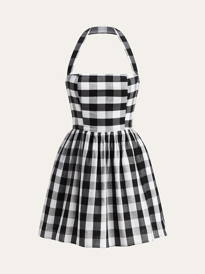 Plaid Halter Flare Dress - Chic Rio