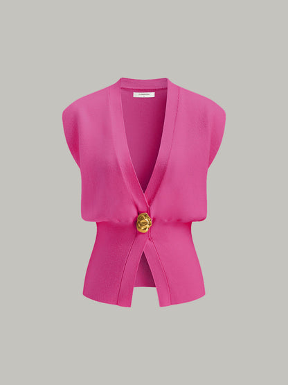 V-Neck Buttoned Detail Sweater Vest - Chic Rio