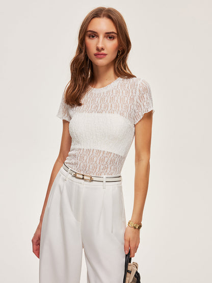 Semi-Sheer Lace Panel T-Shirt - Chic Rio