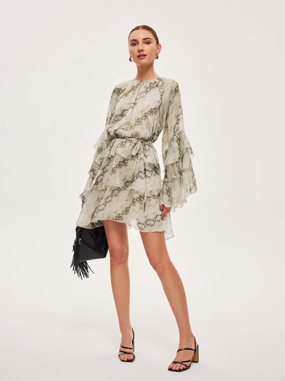 Sheer Print Ruffle Tie-Waist Dress - Chic Rio