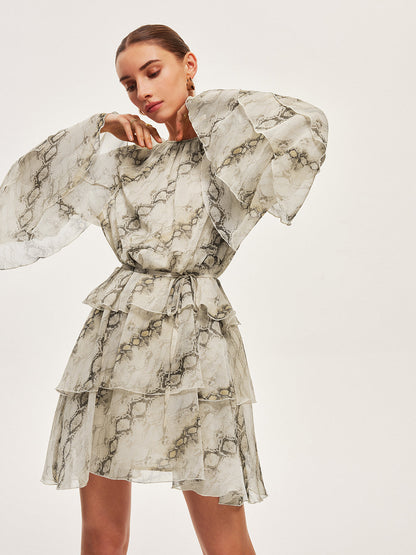 Sheer Print Ruffle Tie-Waist Dress - Chic Rio
