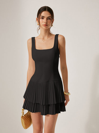 Square Neck Pleated Dress - Chic Rio