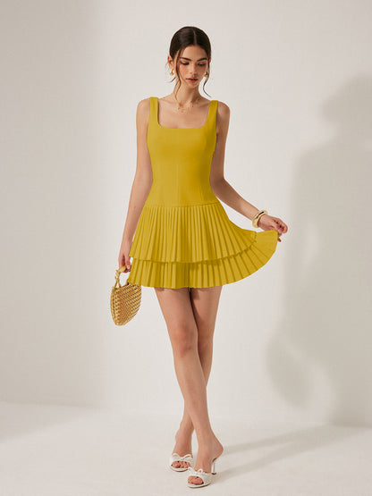 Square Neck Pleated Dress - Chic Rio