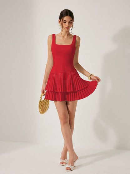 Square Neck Pleated Dress - Chic Rio
