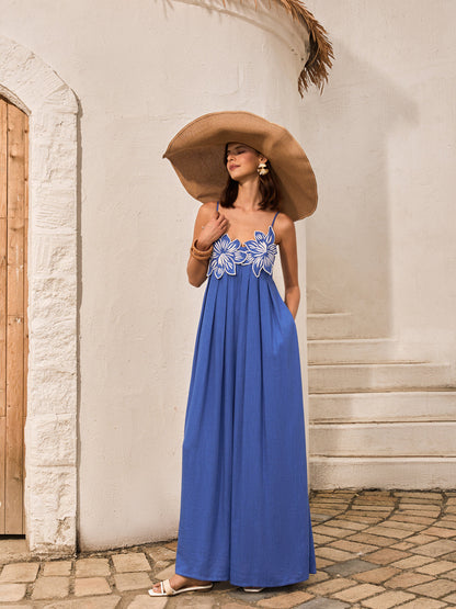 Cotton & Linen Floral Detail Cami Dress With Pockets - Chic Rio