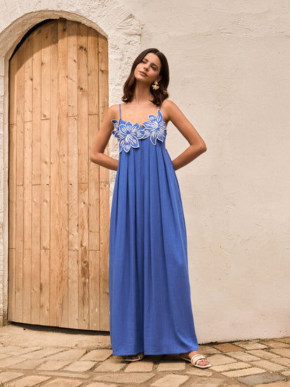Cotton & Linen Floral Detail Cami Dress With Pockets - Chic Rio