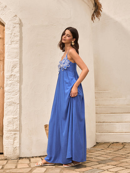 Cotton & Linen Floral Detail Cami Dress With Pockets - Chic Rio