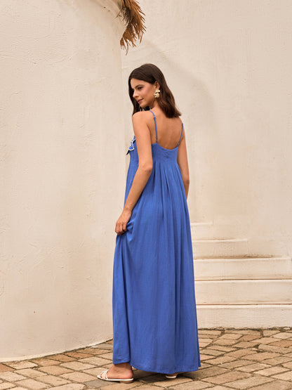 Cotton & Linen Floral Detail Cami Dress With Pockets - Chic Rio