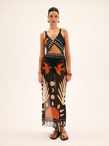 Bird Print Mesh Cover Up Maxi Skirt - Chic Rio