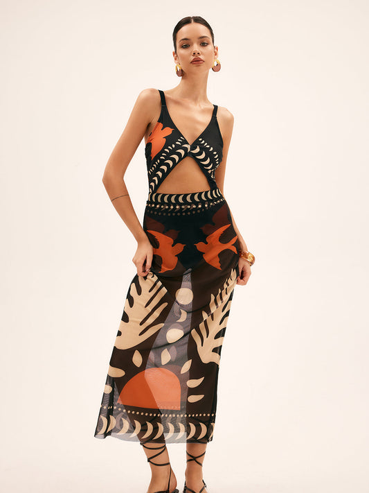 Bird Print Mesh Cover Up Maxi Skirt - Chic Rio