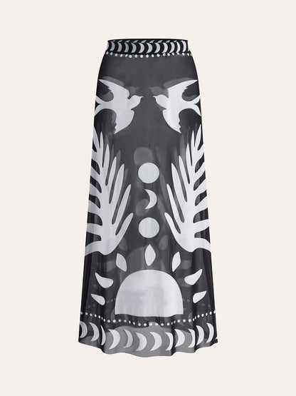 Bird Print Mesh Cover Up Maxi Skirt - Chic Rio