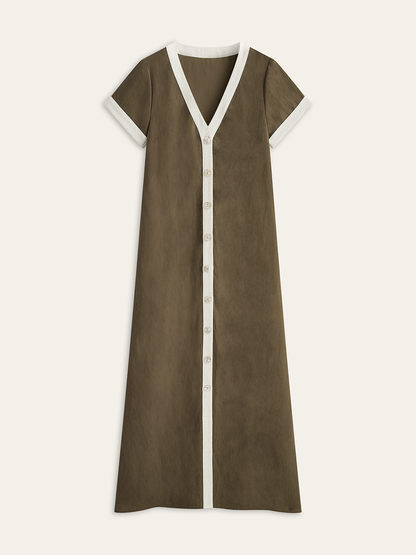 Cotton & Linen High-Slit Contrast Trim Dress - Chic Rio
