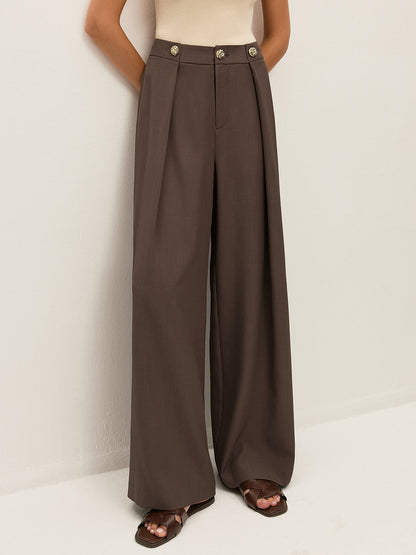 Mid-Waist Metal Detail Pleated Pants - Chic Rio