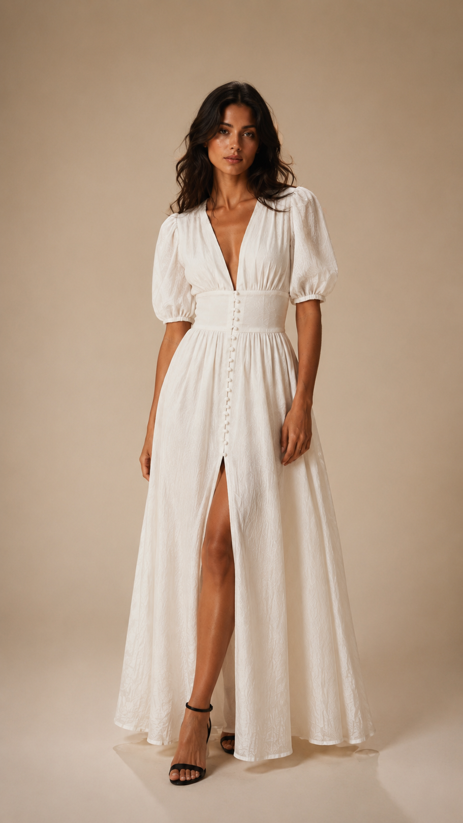 Veronique Button Split Maxi Dress | White V-Neck Gown