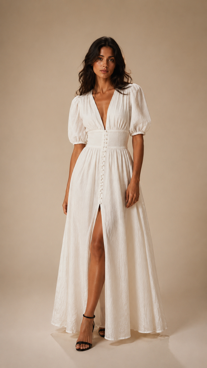 Veronique Button Split Maxi Dress | White V-Neck Gown