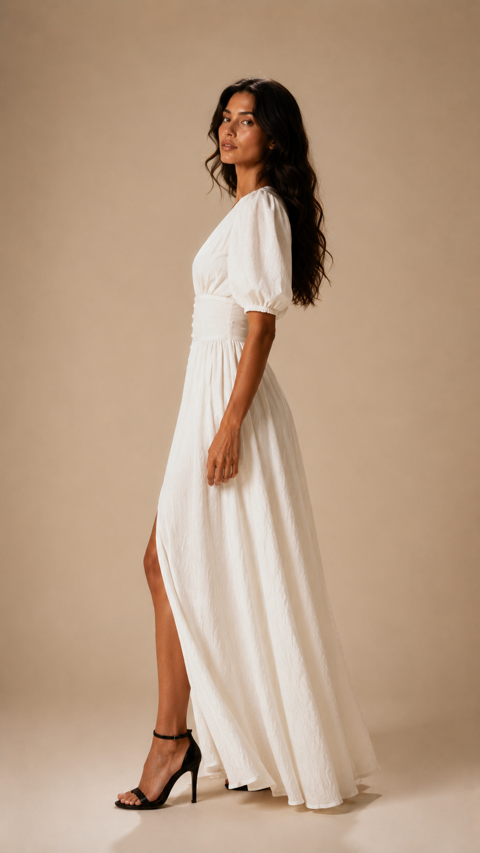 Veronique Button Split Maxi Dress | White V-Neck Gown