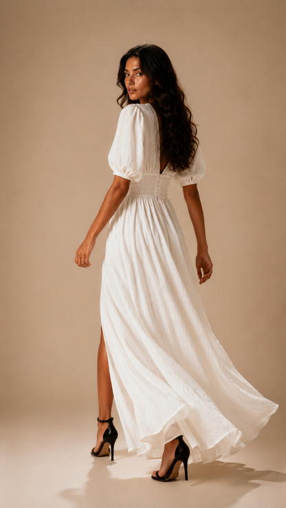Veronique Button Split Maxi Dress | White V-Neck Gown