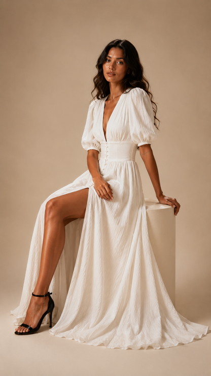 Veronique Button Split Maxi Dress | White V-Neck Gown