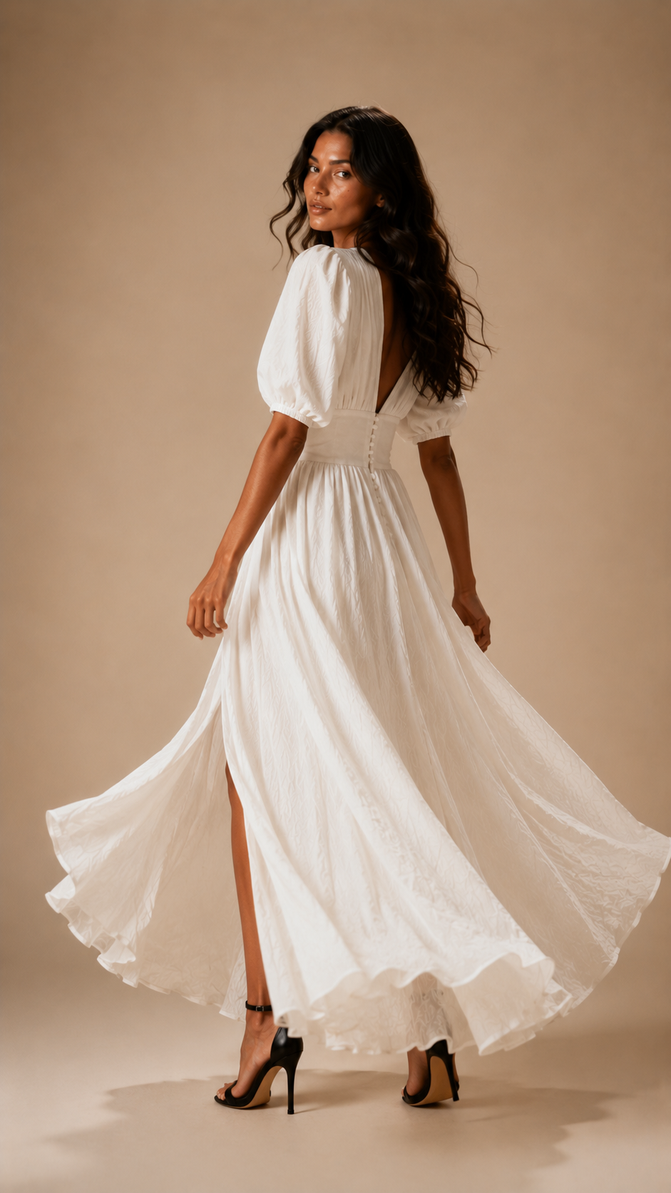 Veronique Button Split Maxi Dress | White V-Neck Gown