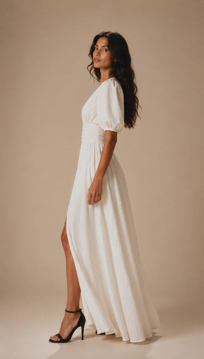 Veronique Button Split Maxi Dress | White V-Neck Gown