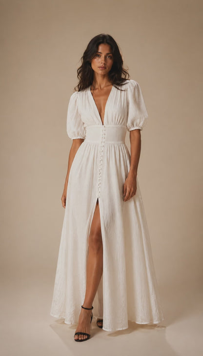 Veronique Button Split Maxi Dress | White V-Neck Gown
